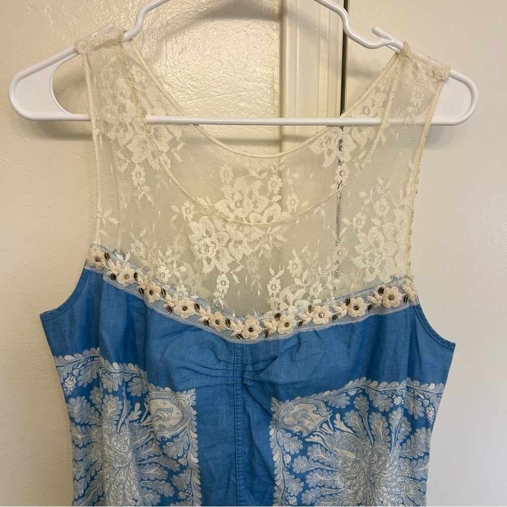 Vintage Free People Paisley Linen Blend Mini Shift Dress Blue White Size 12 - Picture 2 of 11